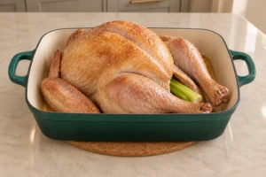 Turkey with partially golden skin after the initial hot roast, before finishing the GAPS Stage 4 and Full GAPS turkey at lower heat.