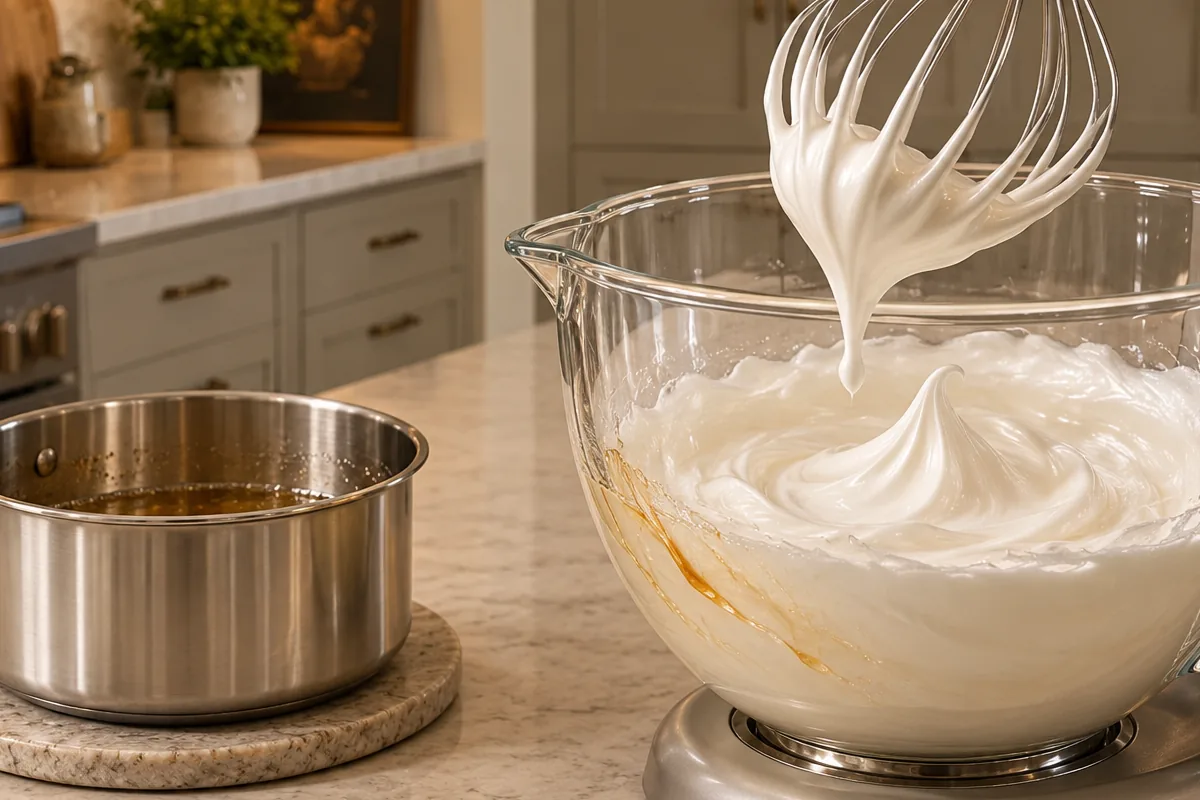Hot honey syrup beaten into egg whites until glossy
