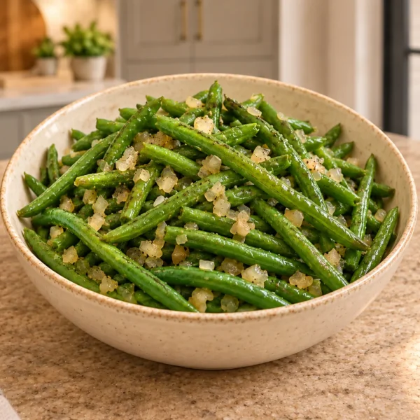 Glazed green beans with finely diced onion and homemade meat stock for Full GAPS