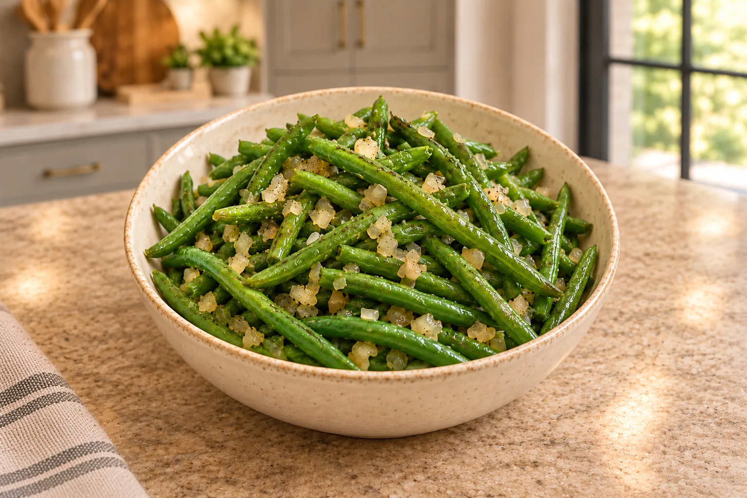 Glazed green beans with finely diced onion and homemade meat stock for Full GAPS