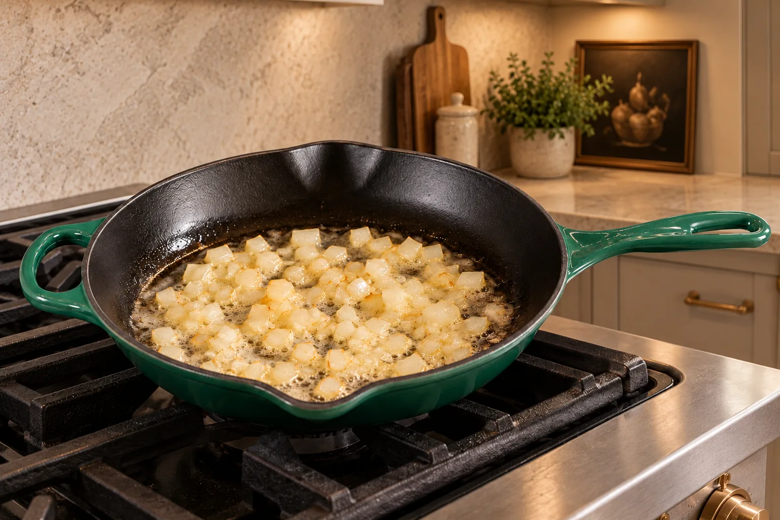 Finely diced onion bubbling in butter in a Le Creuset Artichaut skillet before green beans are added