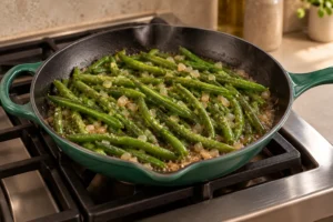 Green beans and diced onion in nearly reduced homemade meat stock in an Artichaut skillet