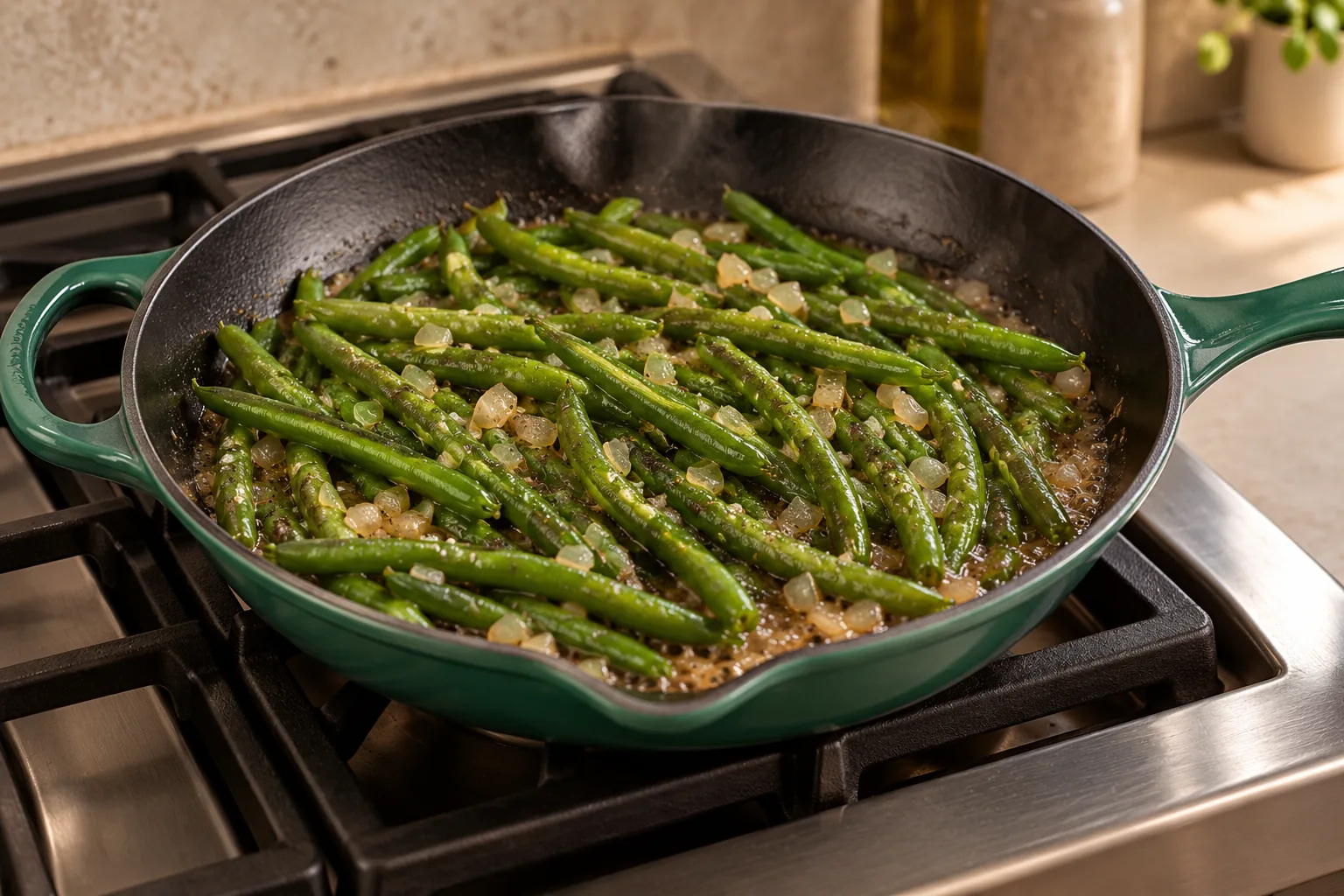 Green beans and diced onion in nearly reduced homemade meat stock in an Artichaut skillet