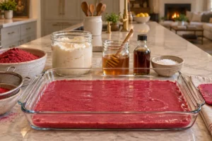Smooth berry chip mixture spread before freezing