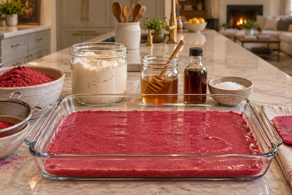 Smooth berry chip mixture spread before freezing