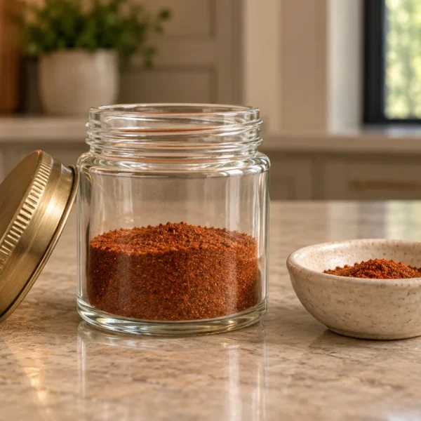 Homemade GAPS chili powder in a small glass spice jar beside a measured pinch bowl