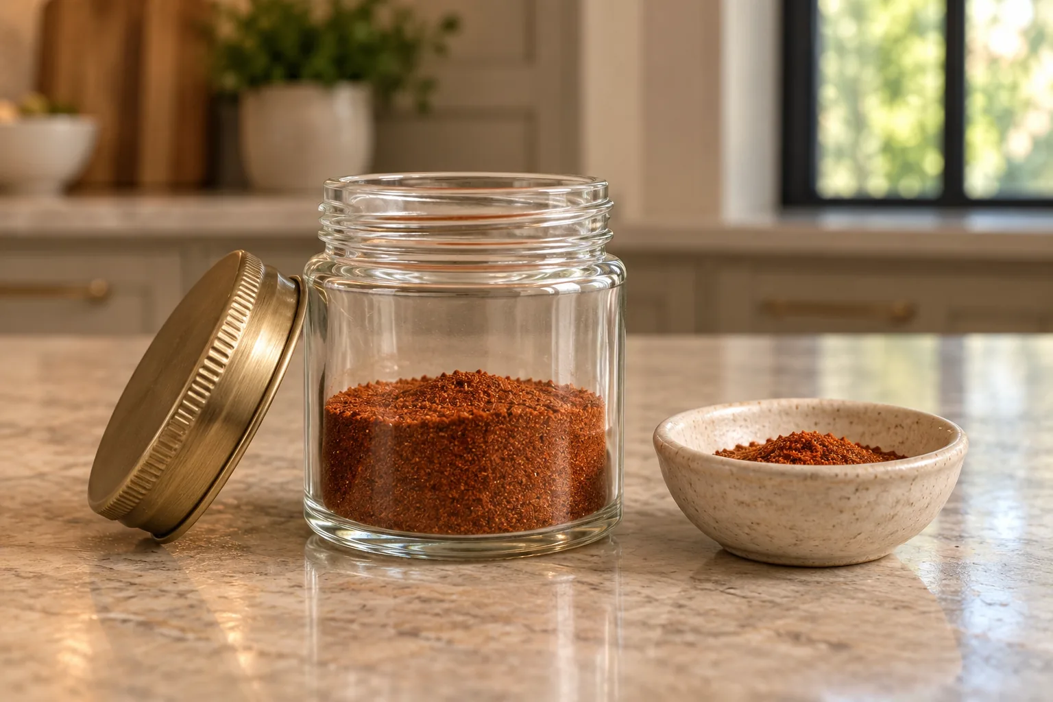 Homemade GAPS chili powder in a small glass spice jar beside a measured pinch bowl