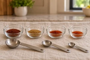 Four measured pure spices for homemade Full GAPS chili powder in separate glass pinch bowls