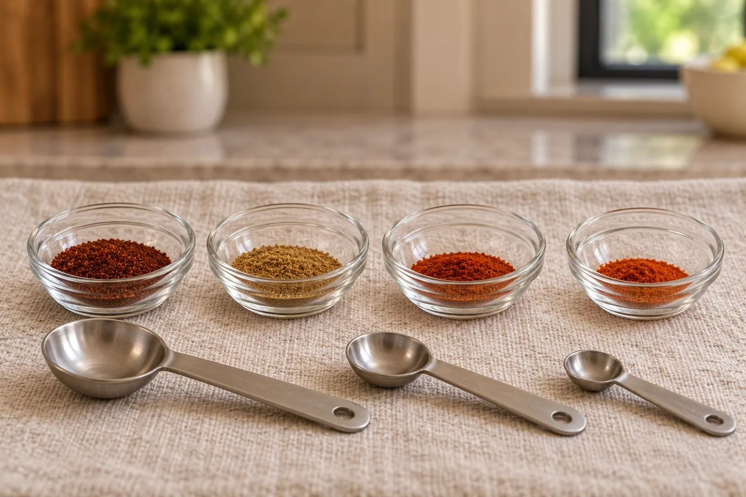 Four measured pure spices for homemade Full GAPS chili powder in separate glass pinch bowls