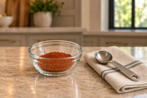 Uniform brick-red homemade GAPS chili powder mixed in a supported glass bowl