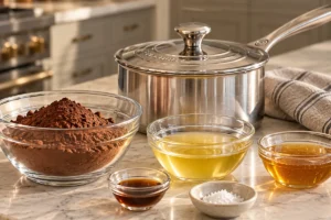 Measured cocoa chip ingredients with Le Creuset saucepan