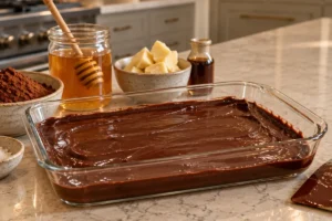 Smooth cocoa mixture spread before freezing