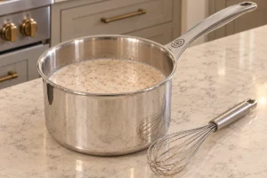 Homemade coconut milk resting with gelatin, cinnamon, and nutmeg in a Le Creuset stainless saucepan