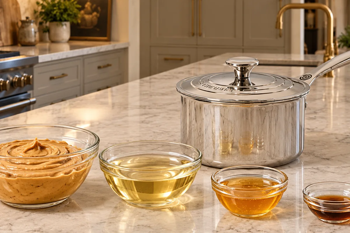 Measured peanut butter chip ingredients with Le Creuset saucepan