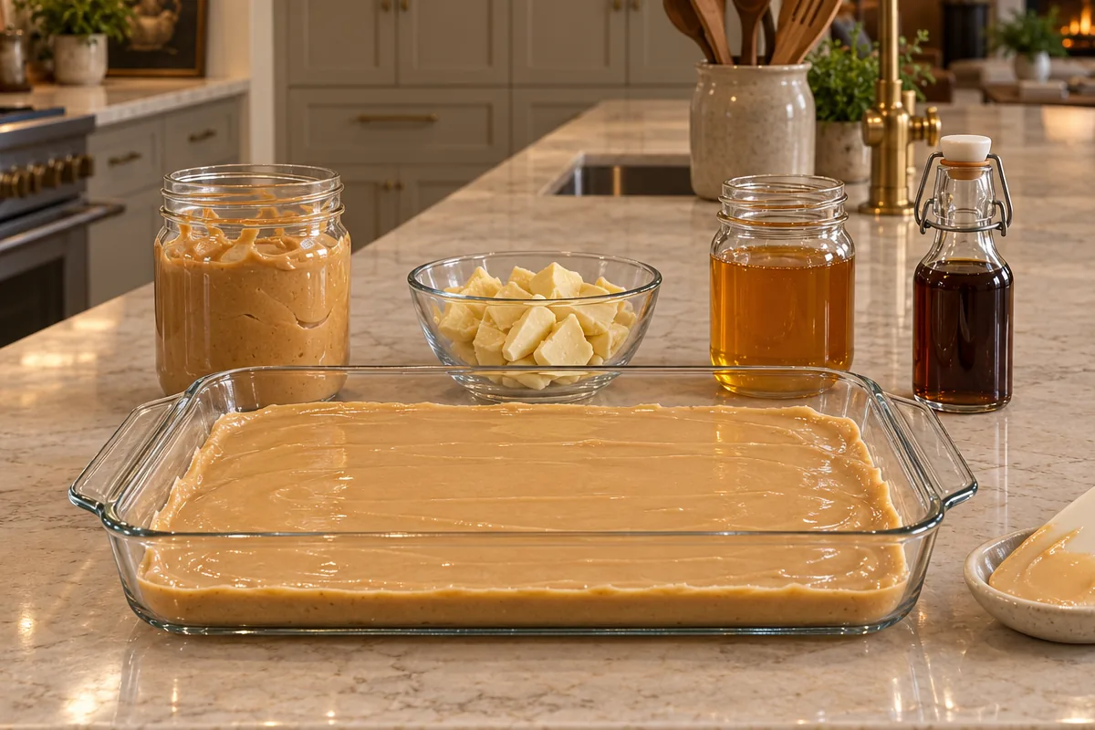 Smooth peanut butter chip mixture spread before freezing