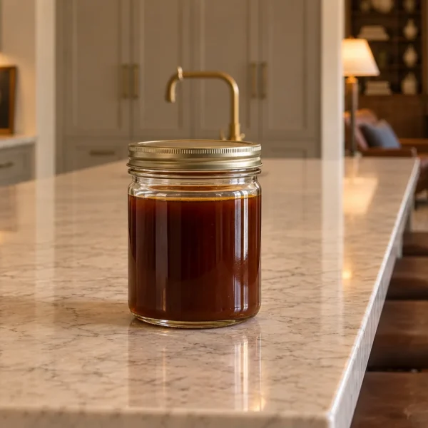 Thin dark amber homemade GAPS teriyaki sauce in a clear glass jar in the WFLI Photo House kitchen
