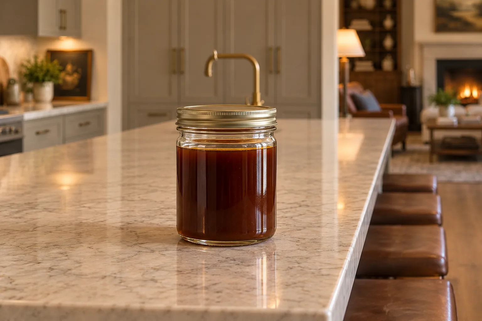 Thin dark amber homemade GAPS teriyaki sauce in a clear glass jar in the WFLI Photo House kitchen