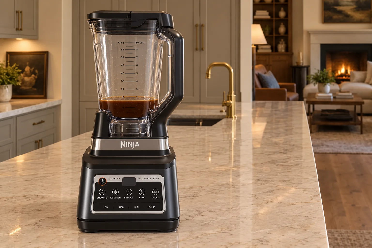 Fresh dark amber GAPS teriyaki sauce at the stopped Ninja BN801 blender endpoint