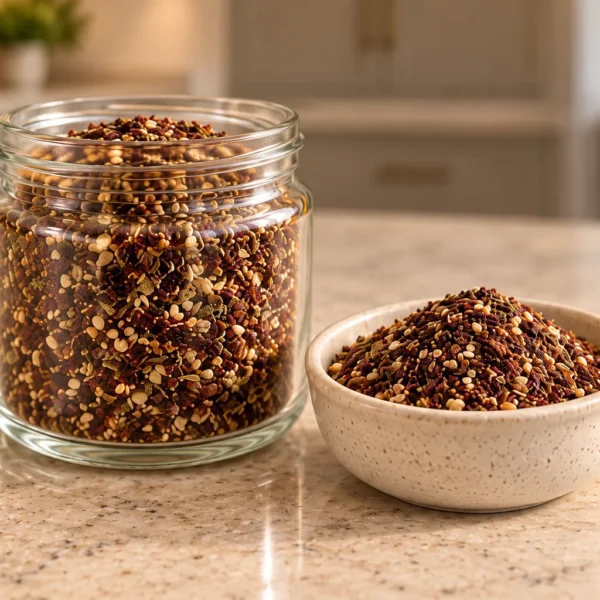 Homemade za'atar for Full GAPS with prepared sesame seeds in a glass jar and bowl
