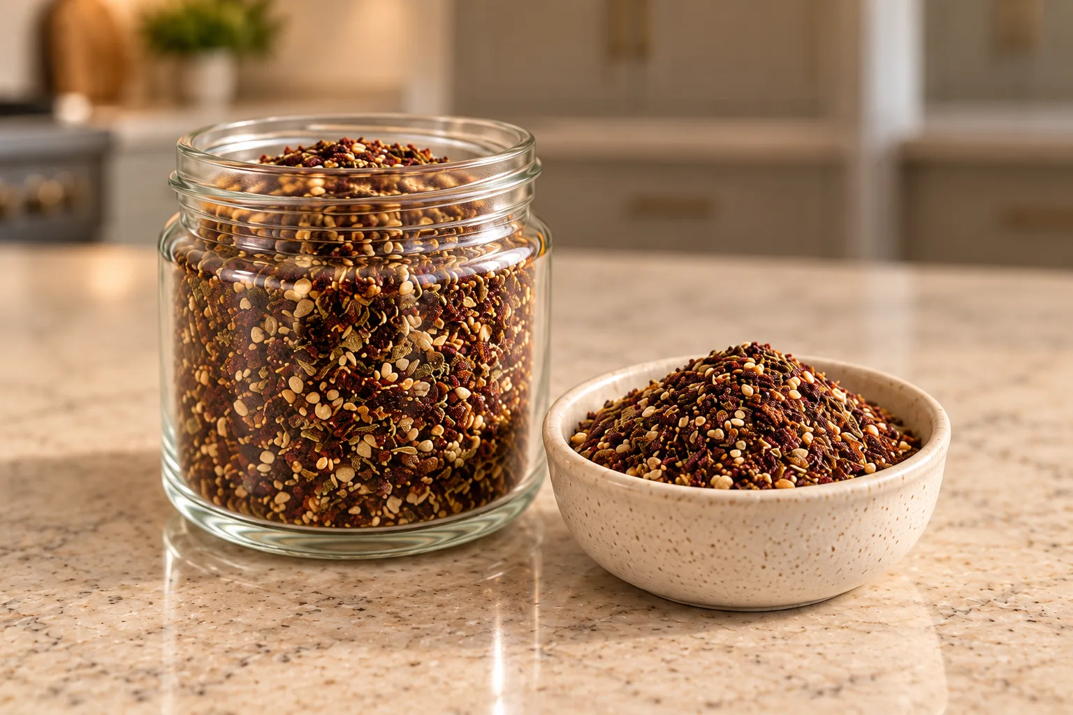 Homemade za'atar for Full GAPS with prepared sesame seeds in a glass jar and bowl