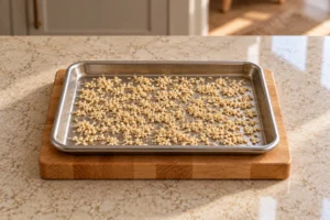 Fully dried sprouted sesame seeds loose on a stainless sheet pan for homemade za'atar