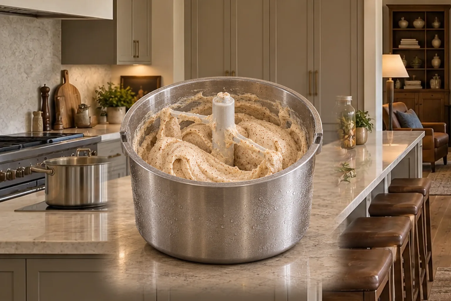 Freshly churned honey cinnamon ice cream in a supported freezer bowl