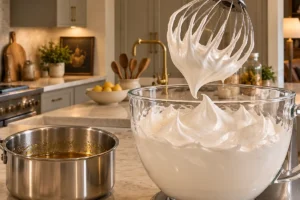 Glossy honey gelatin meringue beaten to firm peaks