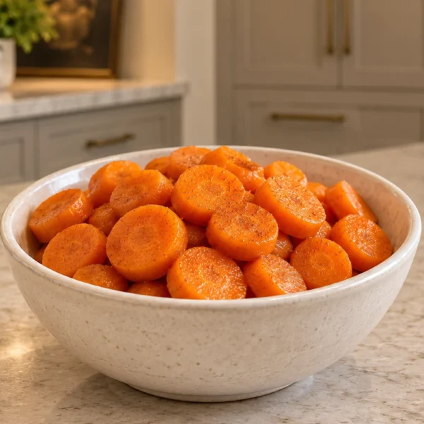 Honey ginger cinnamon carrots for Full GAPS in a warm-white bowl in the WFLI Photo House kitchen