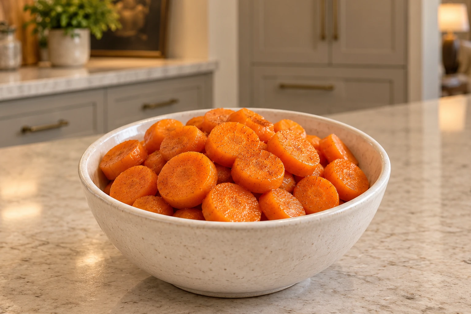 Honey ginger cinnamon carrots for Full GAPS in a warm-white bowl in the WFLI Photo House kitchen