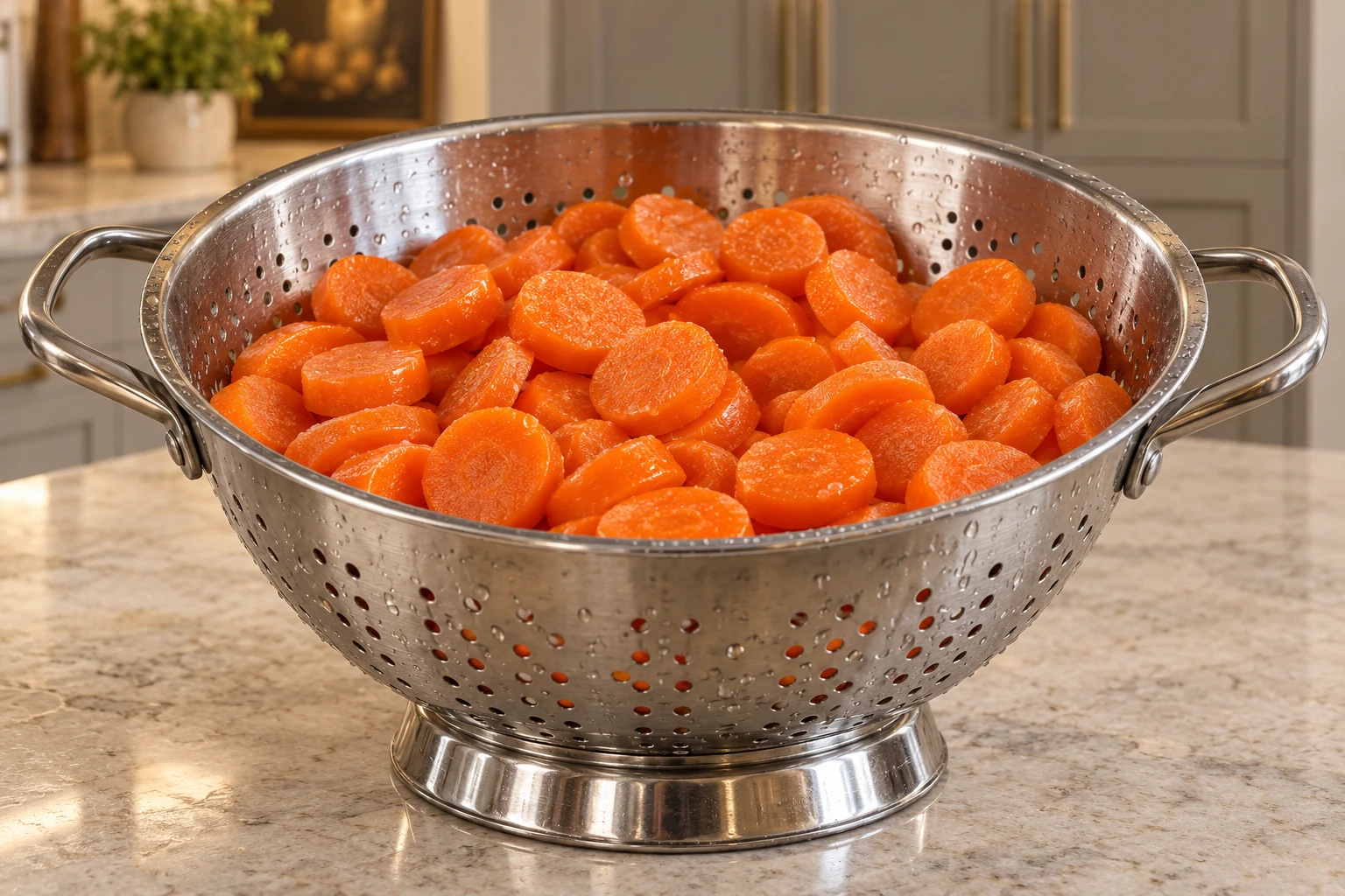 Rinsed and fully drained frozen carrot slices for Full GAPS in a stainless-steel colander