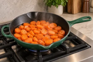 Plain frozen carrot slices heating in coconut oil for Full GAPS in the exact Le Creuset Artichaut skillet