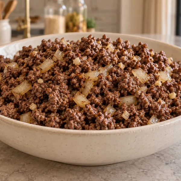 Browned ground beef with onion and garlic for Full GAPS in a cream bowl
