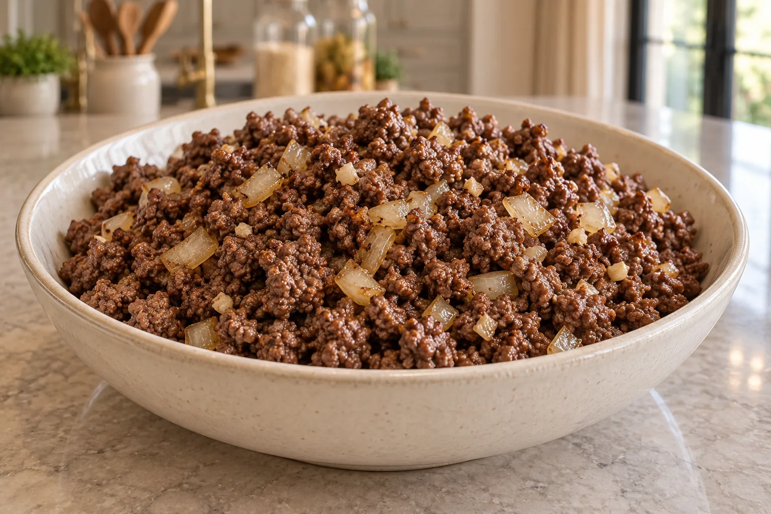 Browned ground beef with onion and garlic for Full GAPS in a cream bowl
