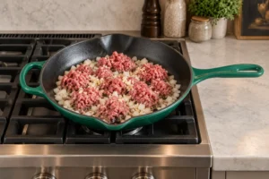 Raw ground beef chunks with diced onion and minced garlic beginning to cook in an Artichaut skillet
