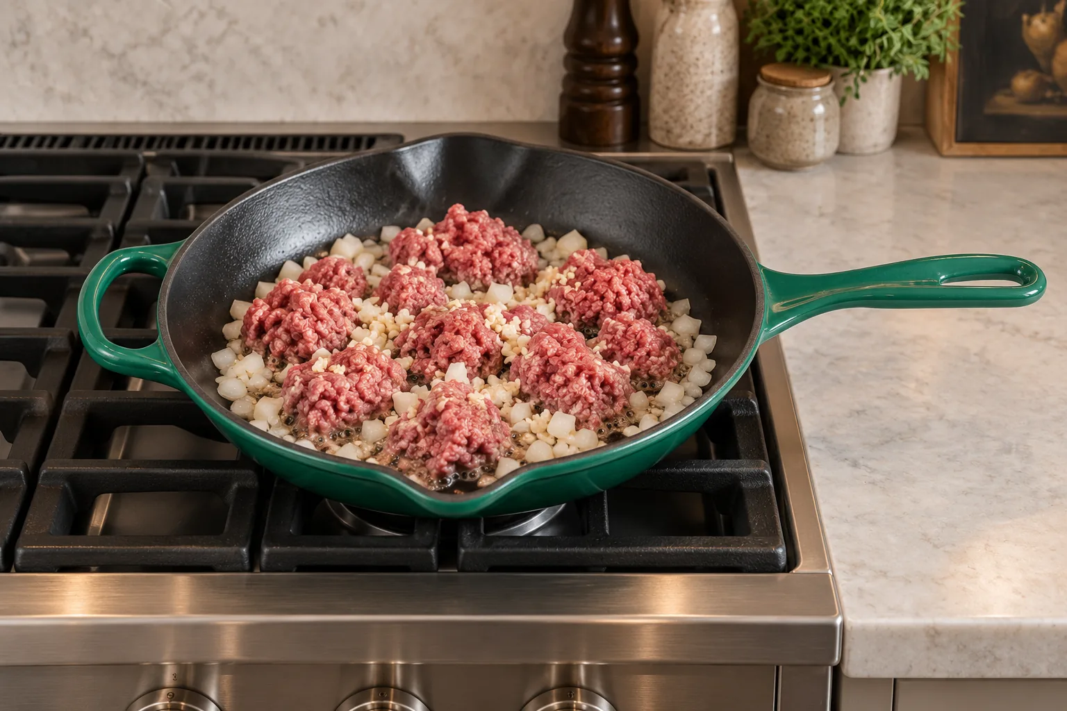 Raw ground beef chunks with diced onion and minced garlic beginning to cook in an Artichaut skillet