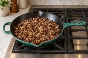 Fully browned ground beef with translucent onion and garlic in an Artichaut skillet for Full GAPS