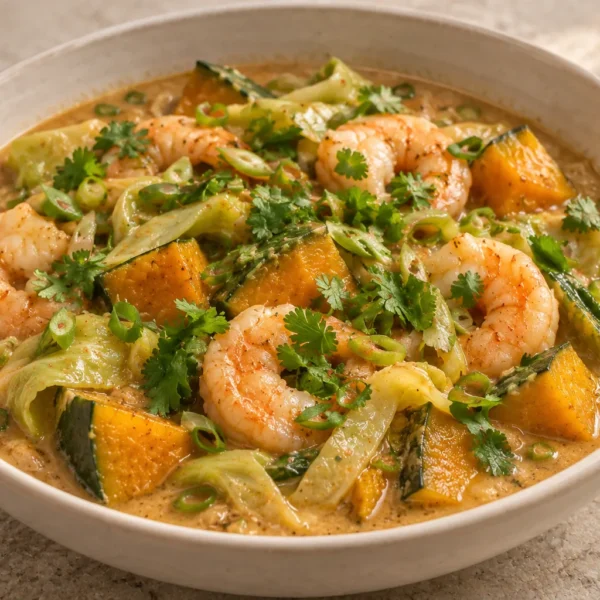 Indonesian peanut butter stew with prawns cabbage and kabocha squash for Full GAPS