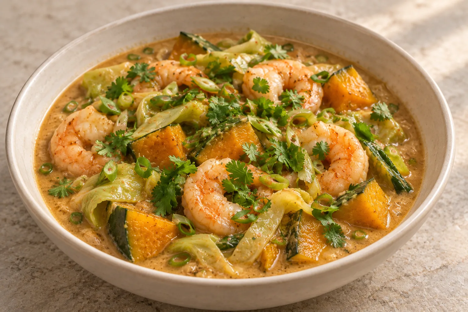 Indonesian peanut butter stew with prawns cabbage and kabocha squash for Full GAPS