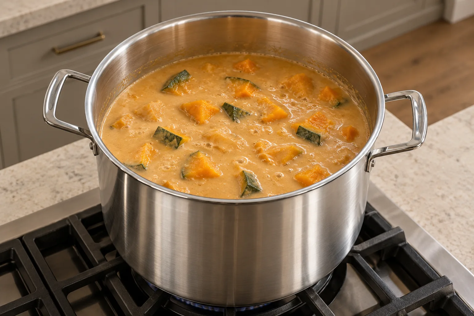 Full GAPS peanut and meat-stock sauce simmering smoothly with cooked kabocha squash