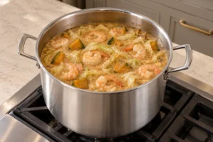 Prawns cooked pink and opaque in Full GAPS peanut stew with wilted cabbage and kabocha