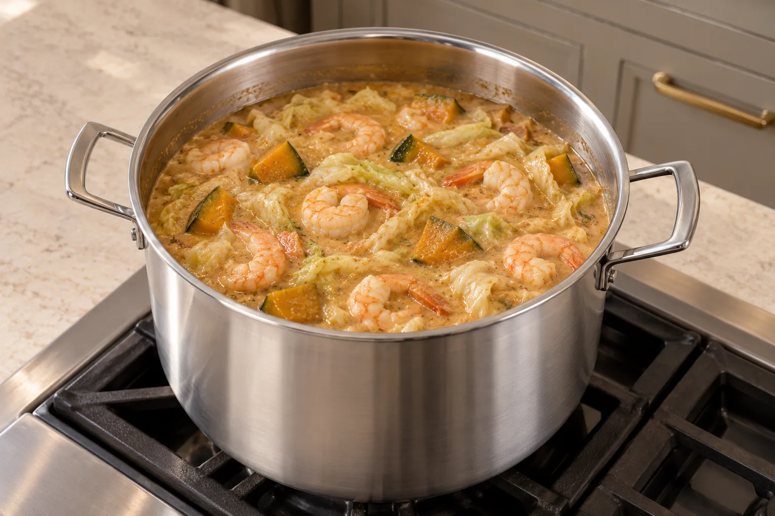 Prawns cooked pink and opaque in Full GAPS peanut stew with wilted cabbage and kabocha