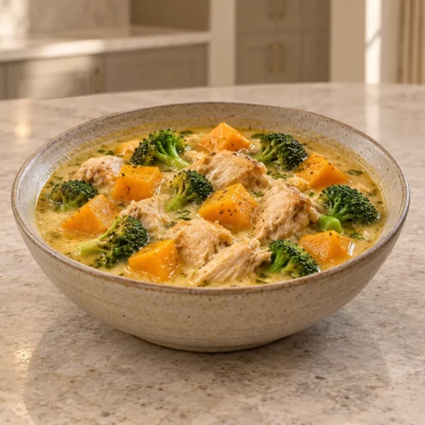 GAPS Instant Pot chicken and winter squash coconut stew with bright broccoli in a ceramic bowl
