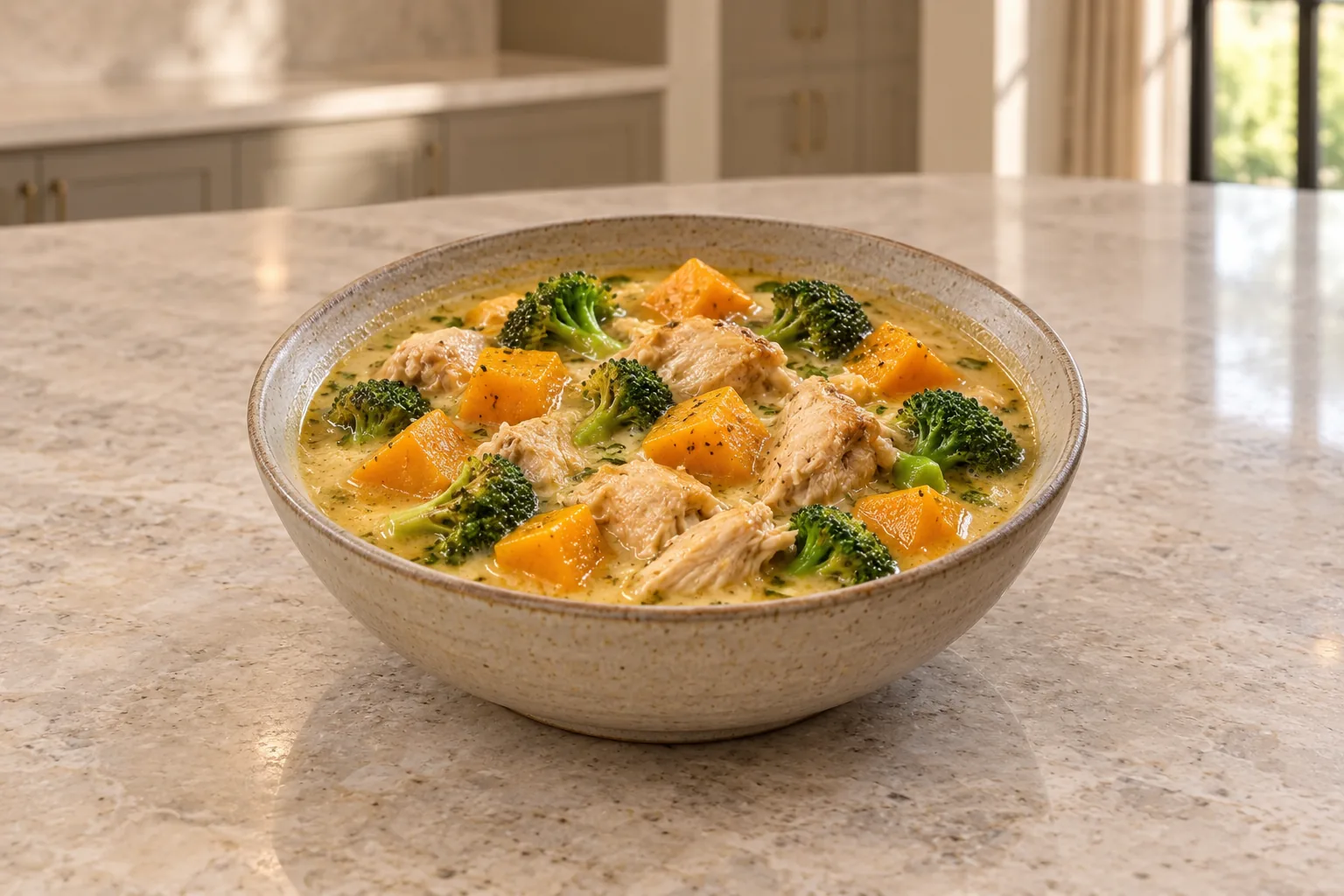 GAPS Instant Pot chicken and winter squash coconut stew with bright broccoli in a ceramic bowl