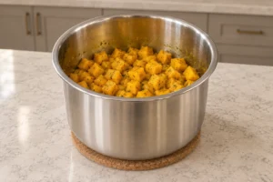 Winter squash coated with turmeric, ginger, parsley and sea salt in a supported stainless pressure-cooker insert