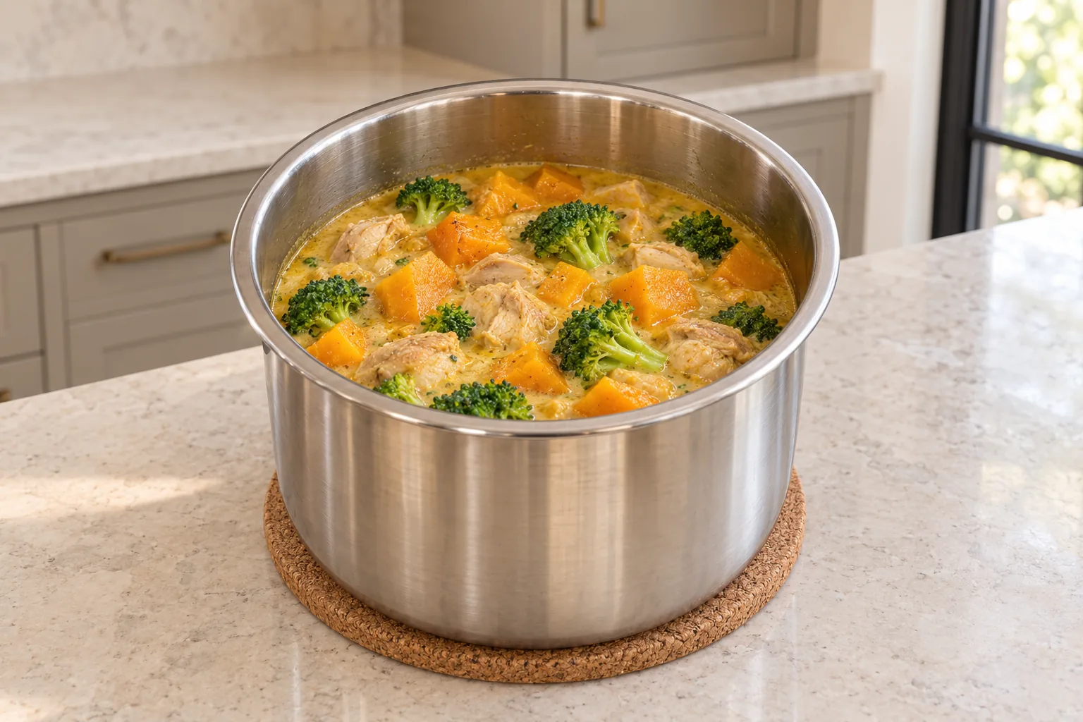 Tender chicken, winter squash and bright broccoli in coconut stew after pressure cooking