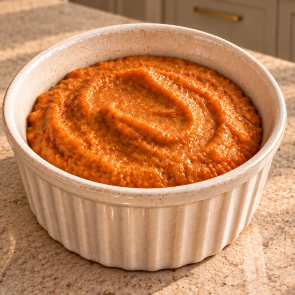 Small batch instant pumpkin apple butter pudding for Full GAPS in an ivory ramekin