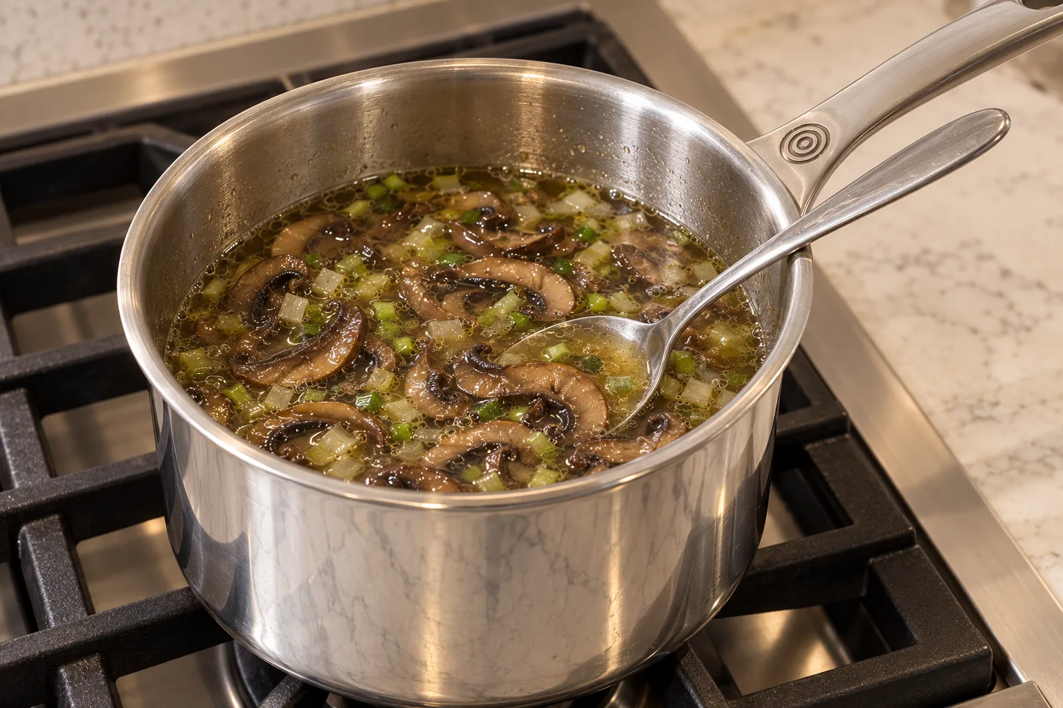 Mushrooms and scallions simmering in chicken meat stock