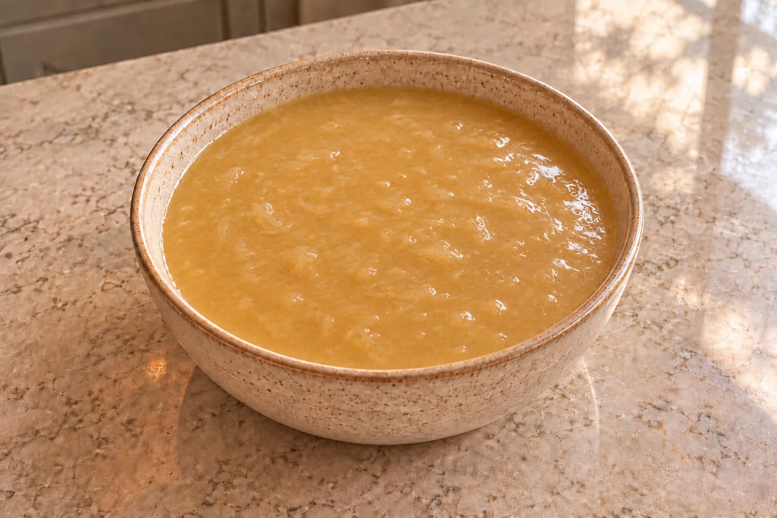 Two-ingredient onion and meat-stock gravy for GAPS Intro, blended into a pourable golden sauce