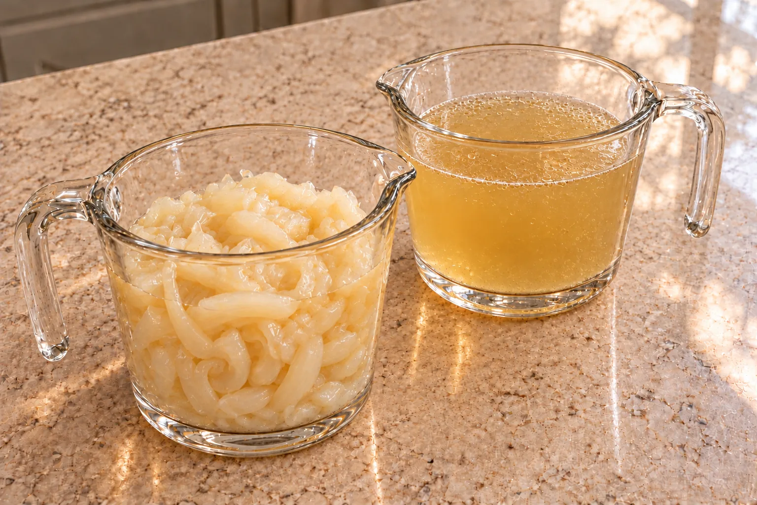 Equal one-cup portions of very soft cooked onion and homemade chicken meat stock for GAPS Intro gravy