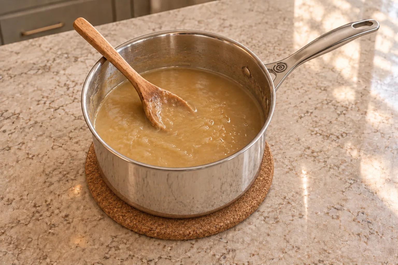 Warm GAPS Intro onion gravy with a gravy-coated wooden spoon in a supported stainless saucepan